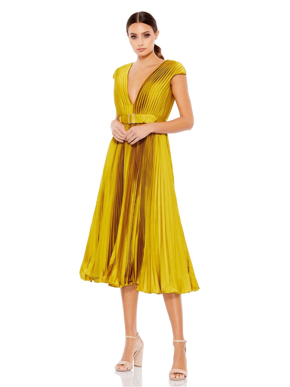 NWT Mac Duggal Chartreuse Pleated Satin Belted Midi Dress Size 8